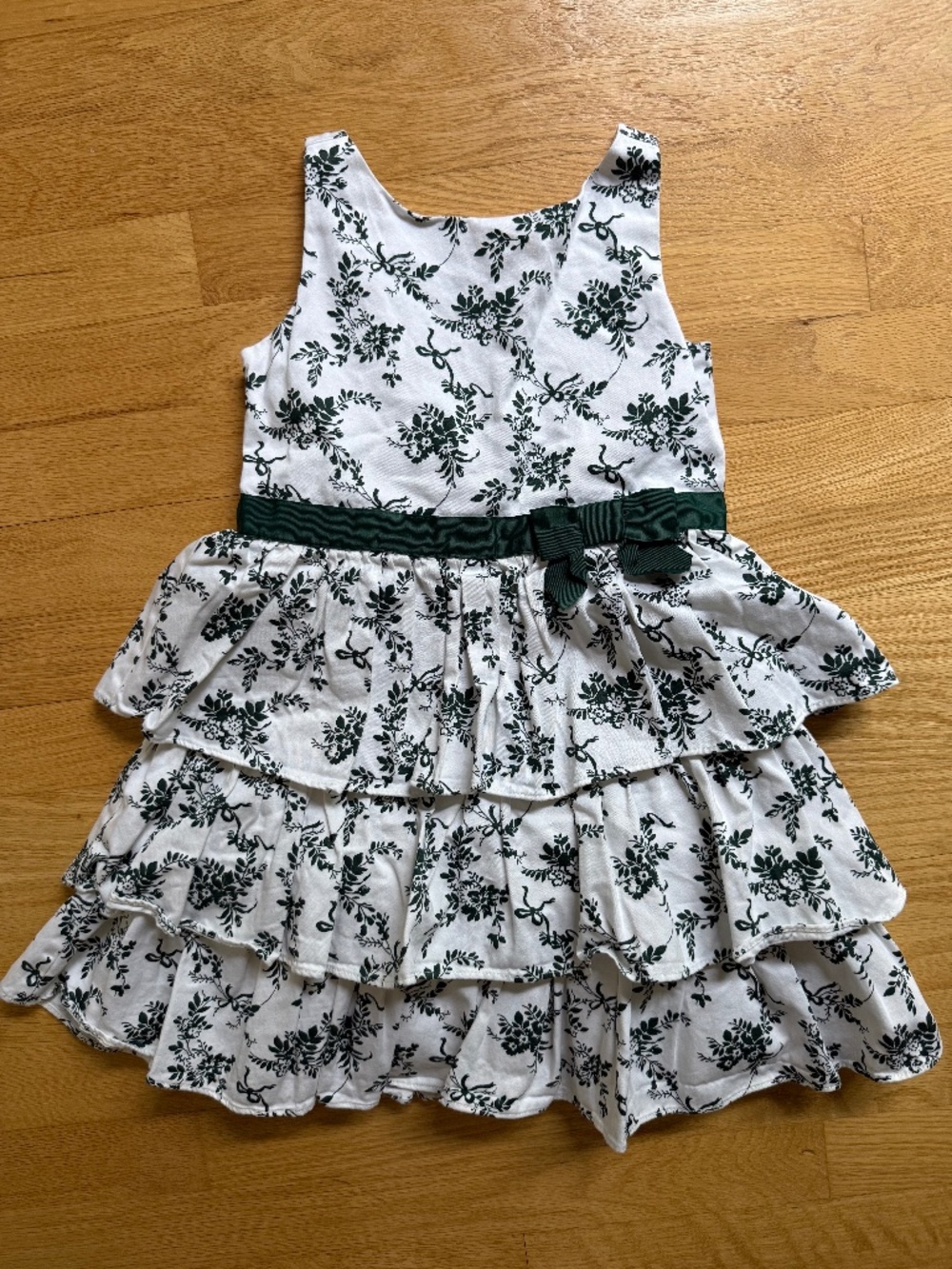 Janie and Jack Green and White Girls Tiered Ruffle Dress Floral + Bows Size 6 - Picture 1 of 3